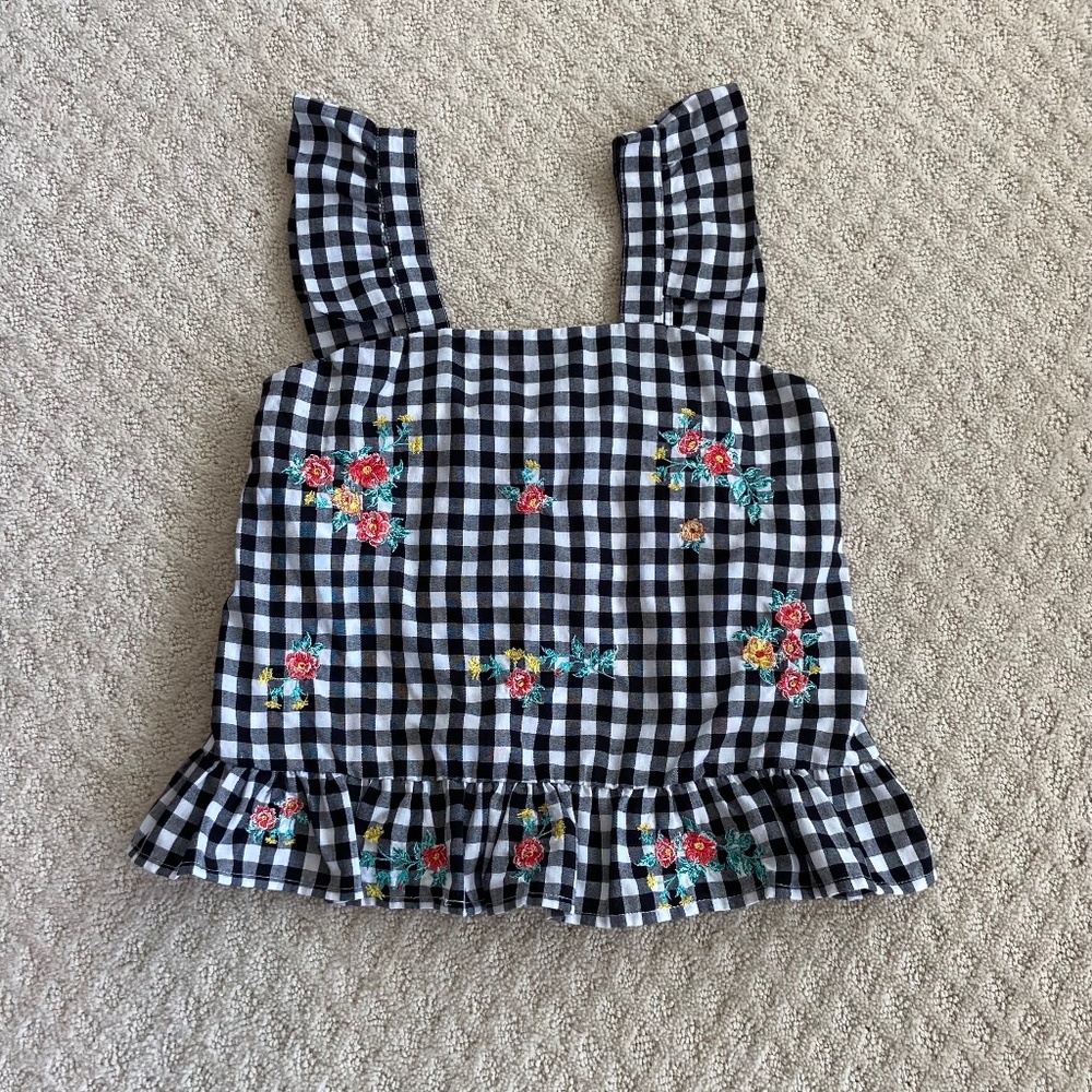 GB Girls Black/White Gingham Floral Embroidered Top Size Large Summer
